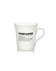 Lustige Porzellantasse Kaffeetasse Emilia weiss 34cl - Dekor: VEGETARIER Ve.ge.ta_. ri.er, Substantiv (der) Wortherkunft: althochdeutsche Bezeichnung für den Dorftrottel, der weder jagen, fischen noch reiten konnte.