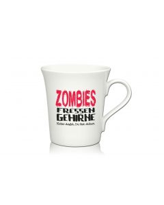 Lustige Porzellantasse Kaffeetasse Emilia weiss 34cl - Dekor: ZOMBIS FRESSEN GEHIRNE. Keine Angst, Du bist sicher.